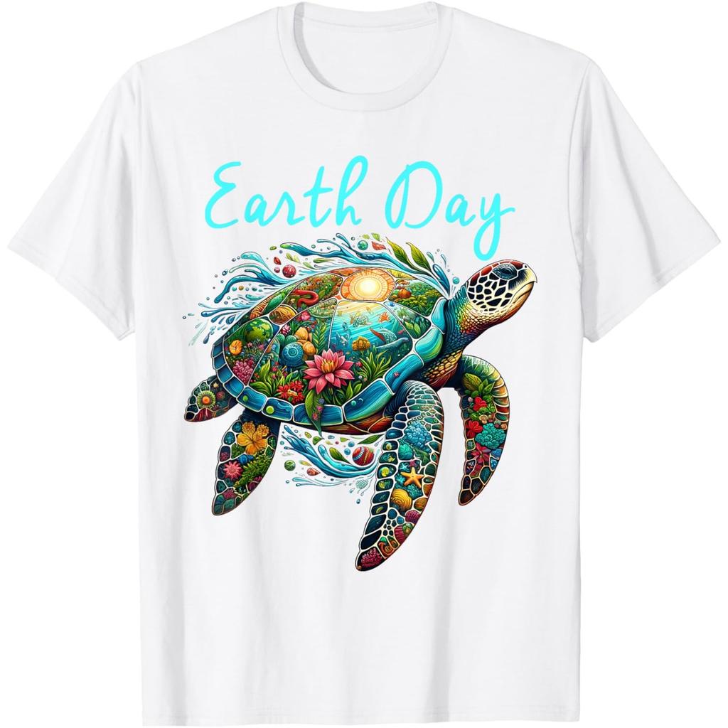 Earth Day Sea Turtle Graphic Tee Breathable Casual Cotton T-Shirt for Unisex