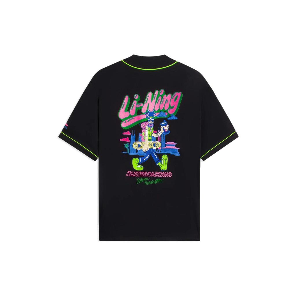 Li-Ning X Steven Harrington Embroidered Cartoon Print Single-Breasted Short Sleeve Jacket Men Jackets Black AFDSC23-1
