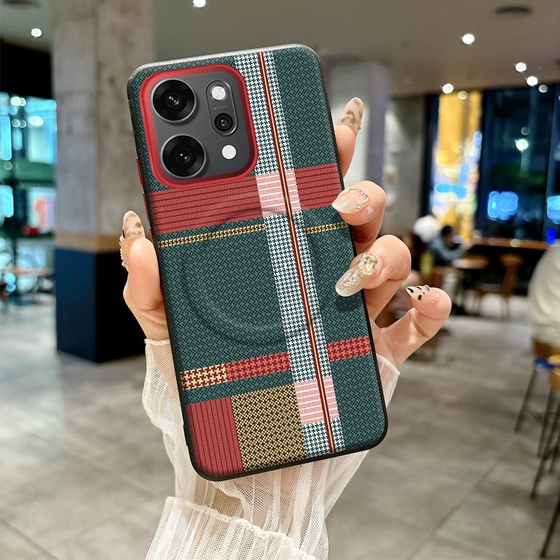

For Oppo Reno14 Pro Case Red Green Stripe Pattern Leather Magsafe Individual Metal Keys Matte Anti-Slip Grip Soft Cover Artificial leather&OPPO Reno14