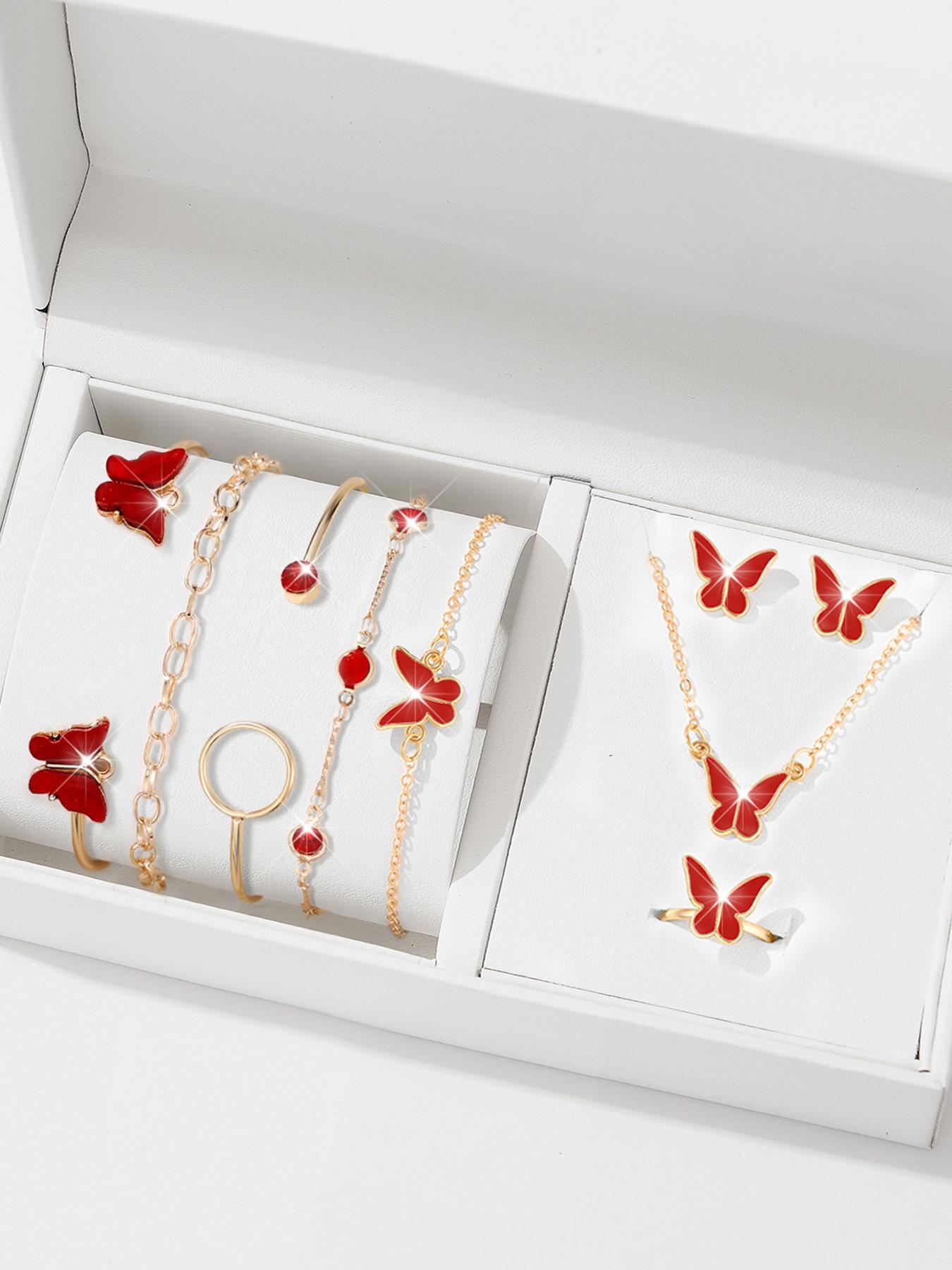 

9pcs Women s Zircon Set, Luxury Ladies Fashion Casual Butterfly Bracelets, Necklace, Earrings, Ring Zircon Set, Suitable for D