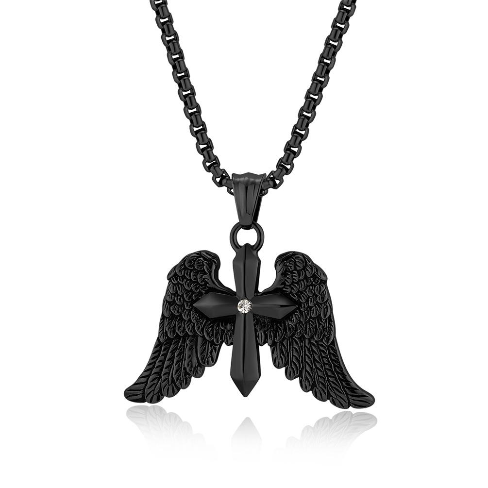 Vintage Archangel Double Wing Cross Necklace for Men Punk Hip Hop Style Stainless Steel