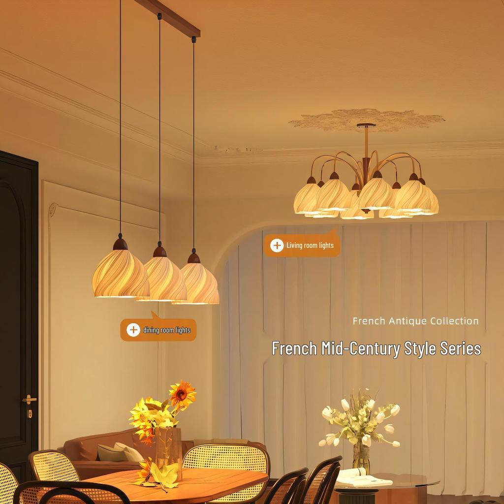 Romantic French Cream Chandelier for Living Room, Retro Walnut Pendant Light for Bedroom or Dining Room. Eye-Protecting Style.