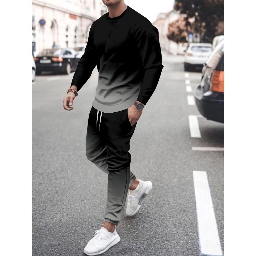 Spring Autumn Colorful Gradient 3D Print Men's Sportswear Set O-Neck Hoodies 2-Piece Sets Oversized Pullover Men Clothing