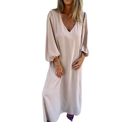 Vestido longo de verão feminino solto com decote em V e manga lanterna, cor sólida, vestido longo, tecido de poliéster, design com fenda, vestido fino para escritório, festa na praia