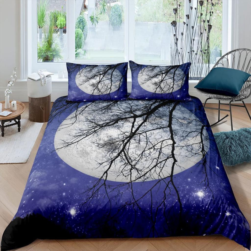 Deep Ocean Duvet CoverSeawater Bright Moon At Sea Starry Night Sky Galaxy Summer Hawaiian Holiday Comforter CoverBedding Set