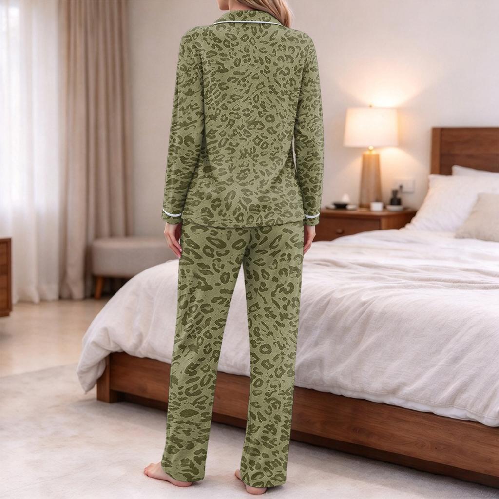 Women's Printed Pajama Set Long Sleeve V-Neck Button-Up Top and Pants with Pockets for Loungewear