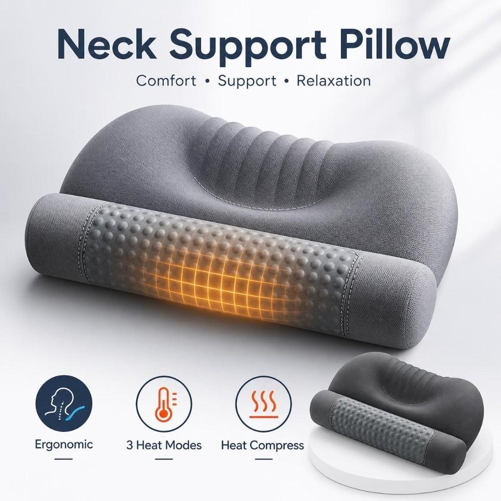 Heating Neck Support Cushion Ergonomic Contour Neck Heated Roll Pillow Cervical Pillow  Back Sleep