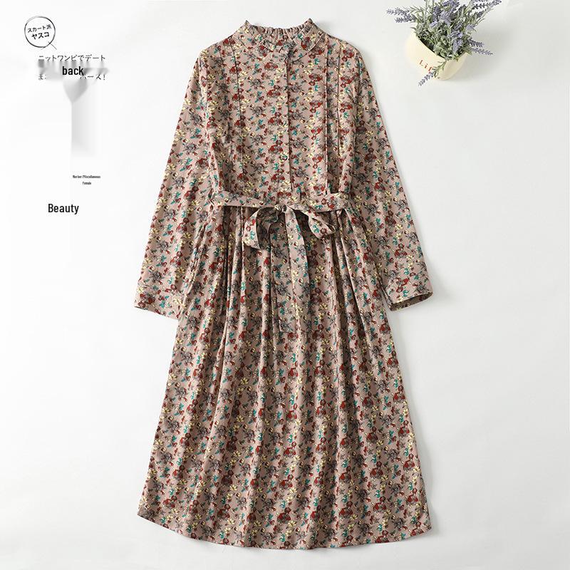 2026 Spring Retro Floral Midi Dress with Ruffle Collar and Tie Waist