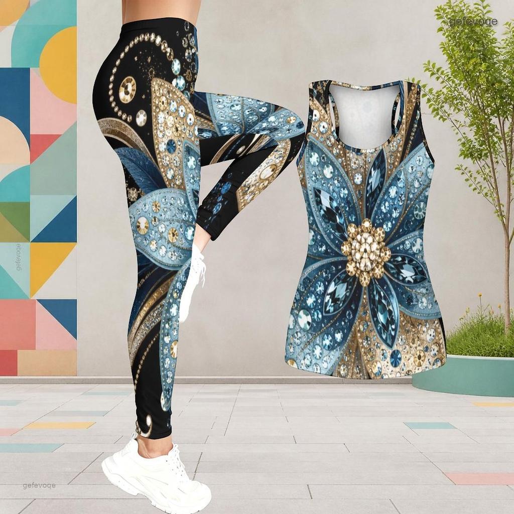 Women Plus Size Two Piece Set Scoop Neck Sleeveless Printed Tank Top Fitted Black Gold Leggings
