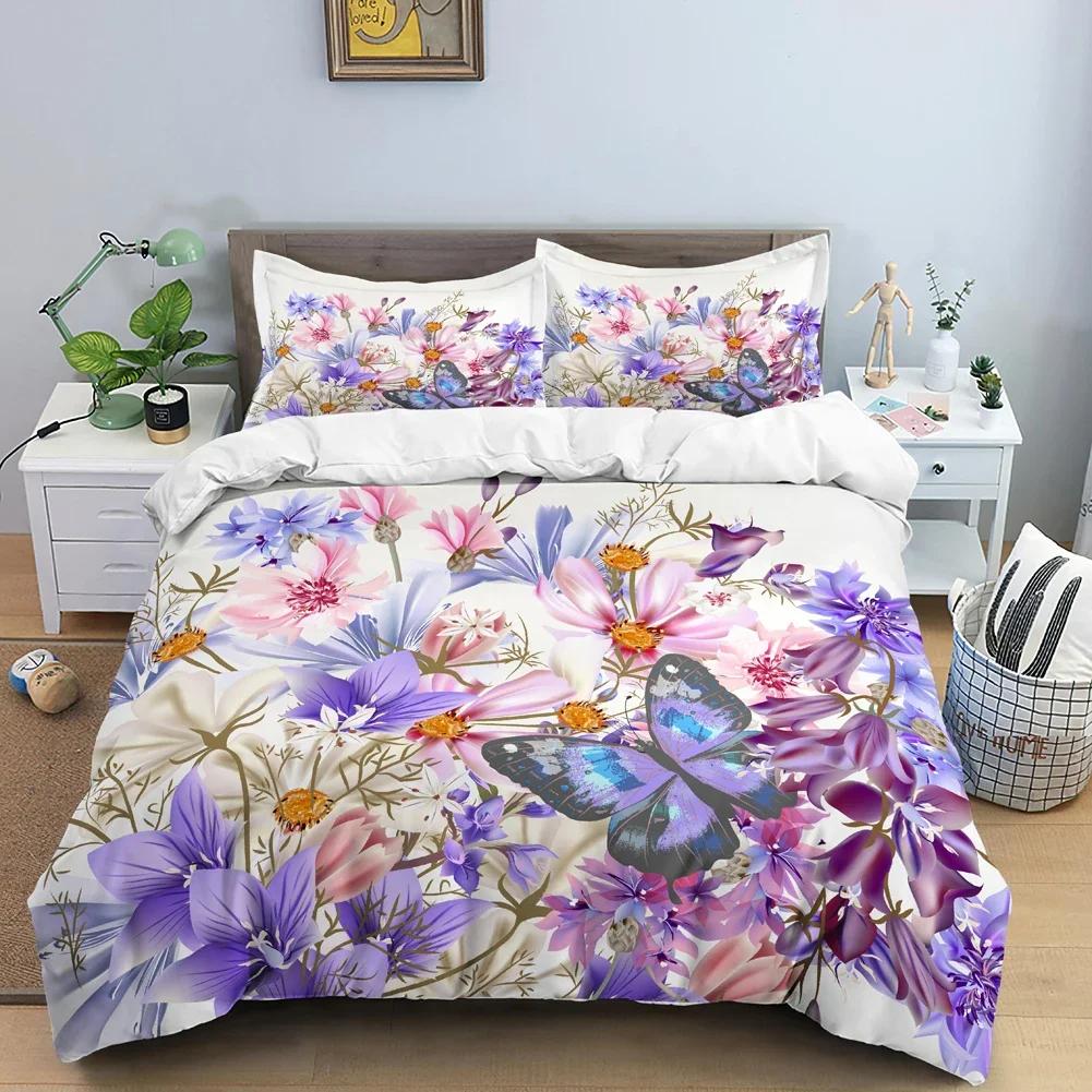 Butterfly Bedding Set 3D Flower Duvet Cover Quilt Cover With Zipper Queen Double Polyester Comforter Set Kid Girl Christmas Gift