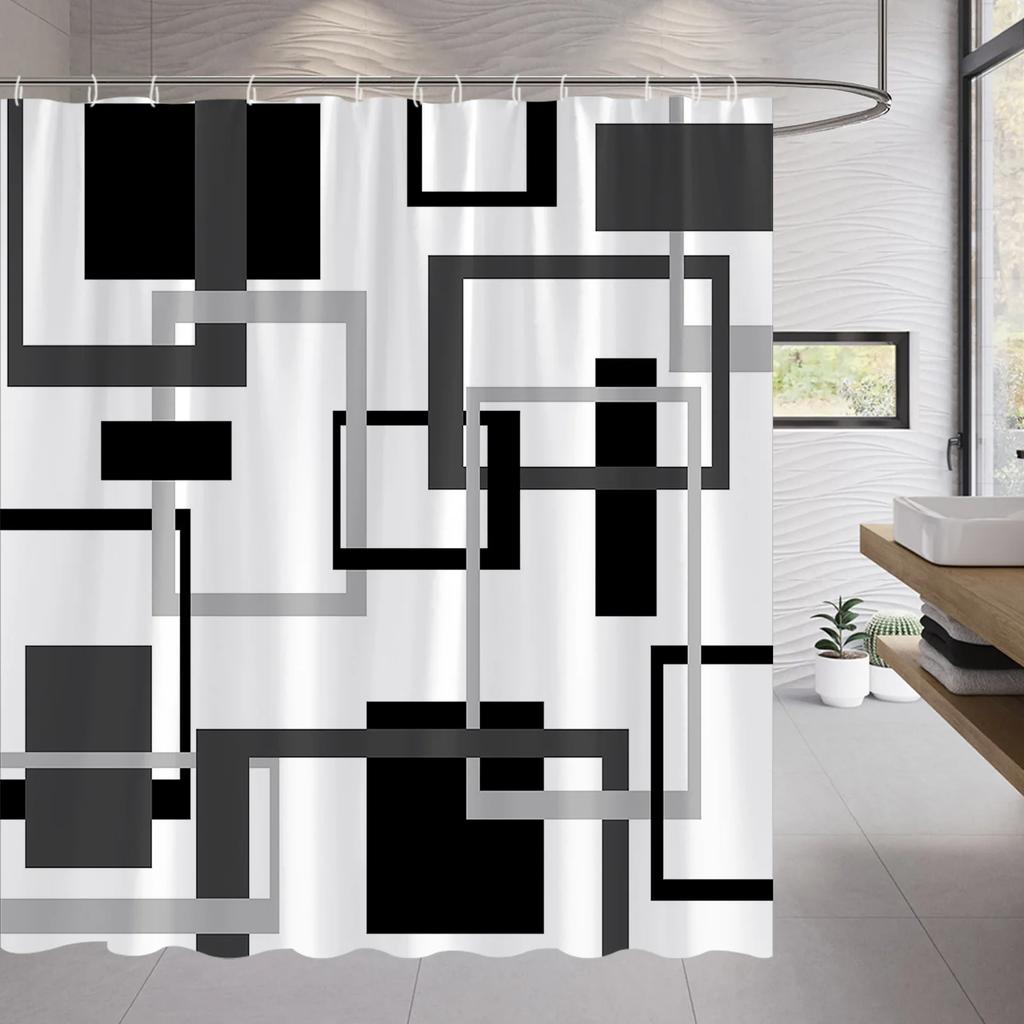 Abstract Geometric Black White Red Shower Curtain 3D Block Square Elegant Frame Modern Decor Fabric Bathroom with Hook Grey