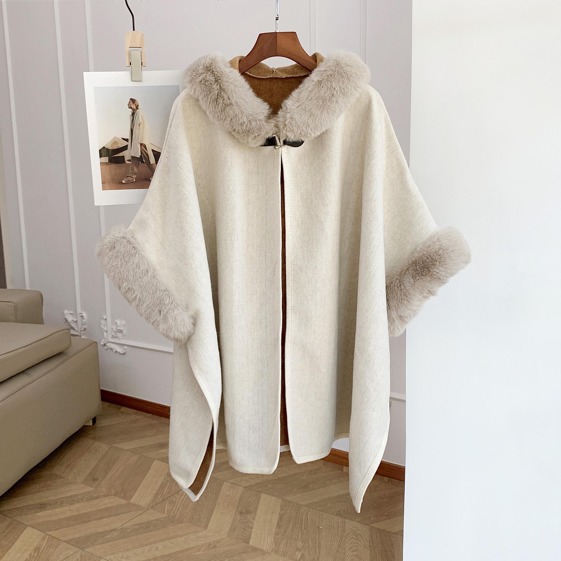 Women s Mid-Length Knitted Cardigan with Faux Fur Hooded Collar Shawl