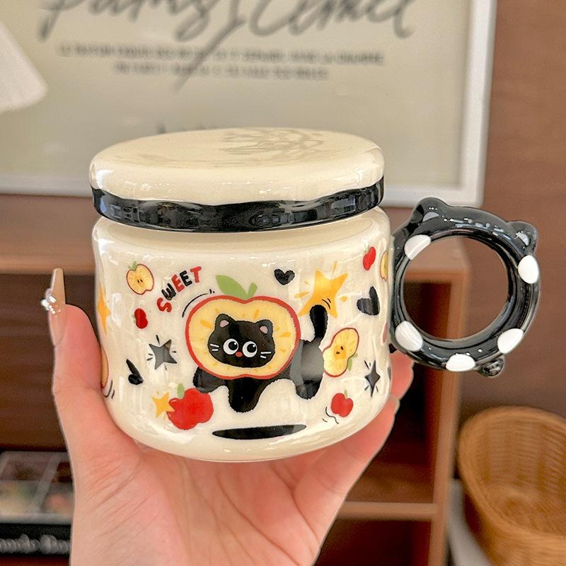 Cartoon Fruit Black Cat Ceramic Cup with Lid Cute Animal Household Mug Breakfast Milk Oatmeal Cup Souvenir