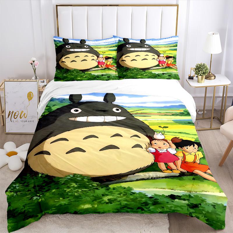 Nachbar Totoro Abenteuer Druck 3-teiliges Bettwäsche-Set Bettbezug mit 2 Kissenbezügen Zuhause Geburtstagsgeschenk
