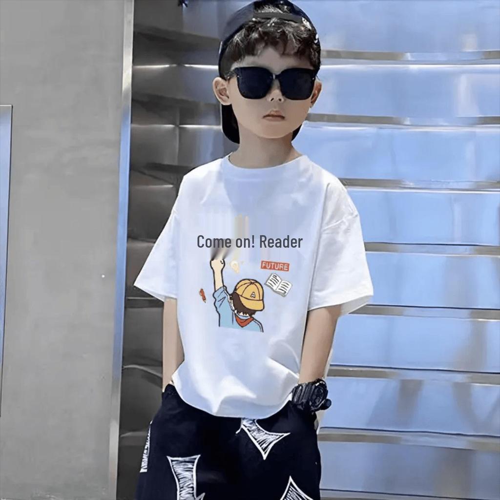Boys' Trendy Korean Style Pure Cotton Short-Sleeve T-Shirt – Summer Clothing for Middle & Large Children