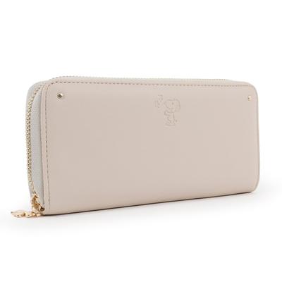 Snoopy Long Wallet with Round Zipper and Embossed Flower and PEANUTS Design Women's (Beige)
