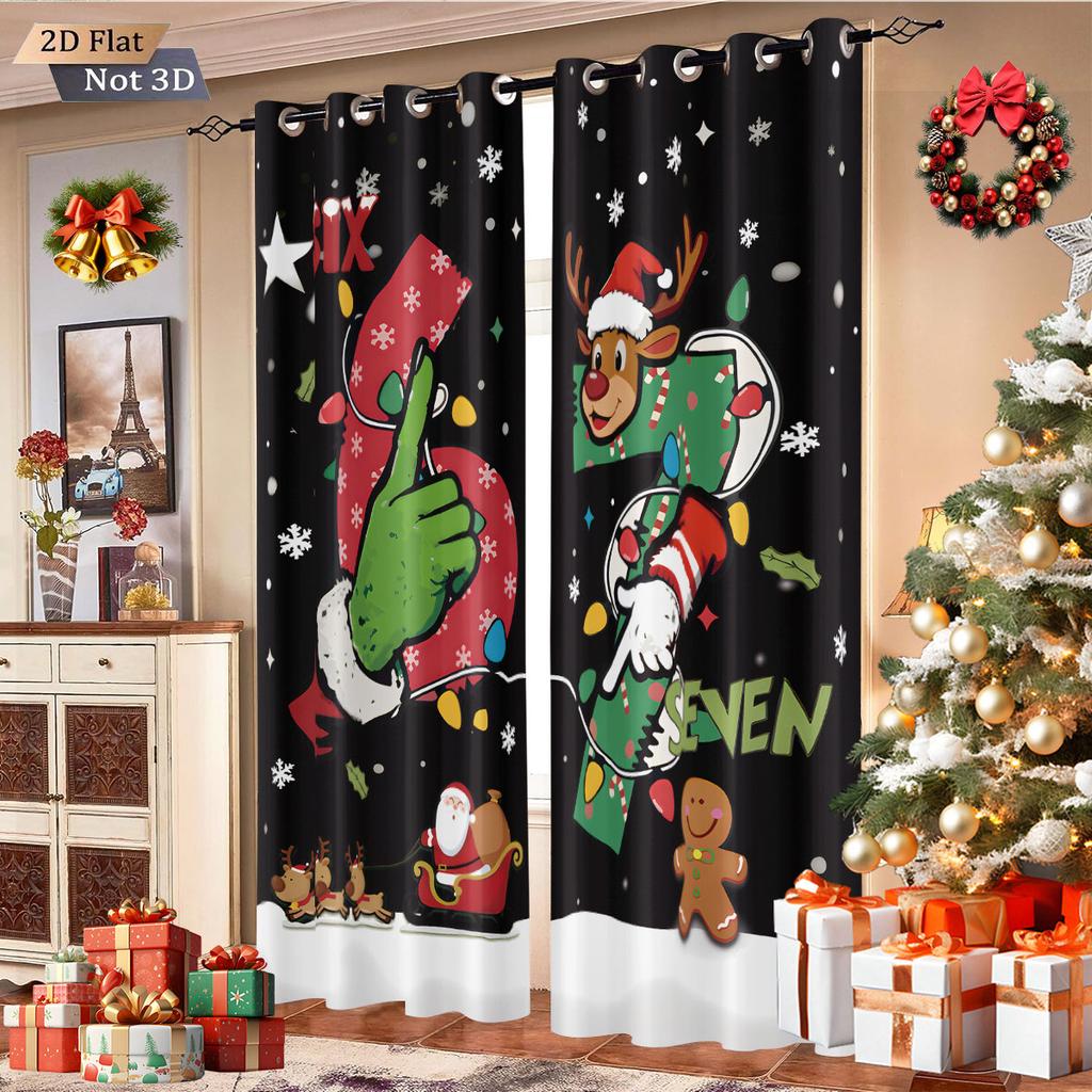 2Pcs Merry Christmas 67 Element Printed Perforated Blackout Curtains In Various Sizes Living Room Bedroom Insulation Decoration