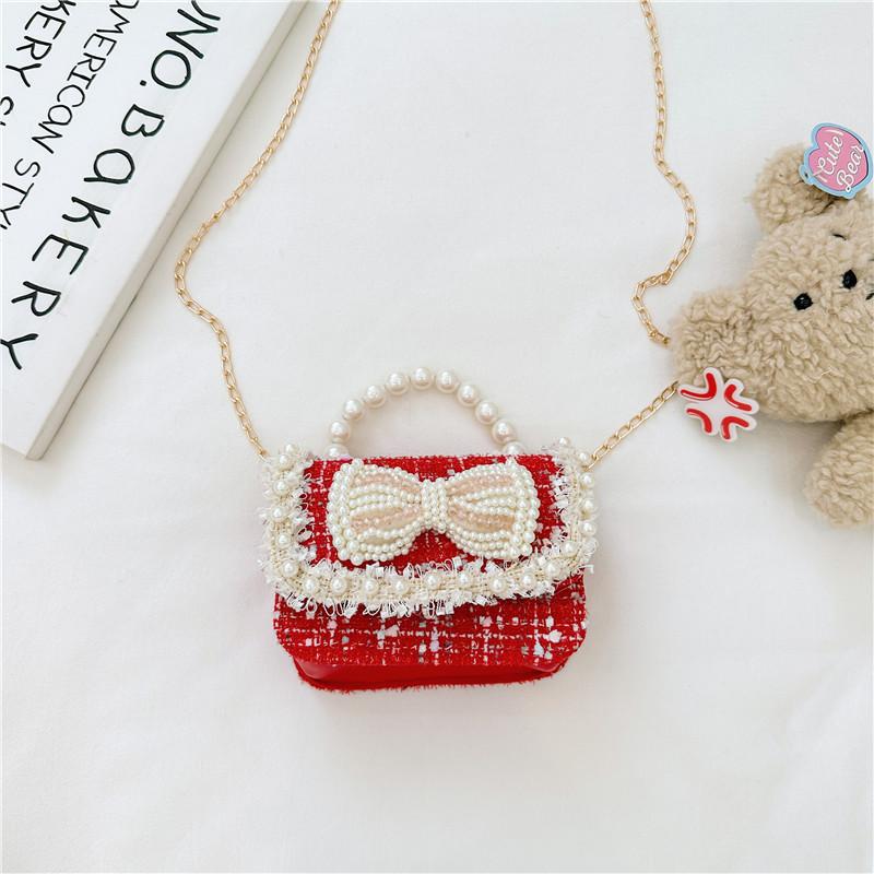 Trendy Red Mini Chain Crossbody Bag For Kids With Charming Bow Design And Lightweight Canvas Material