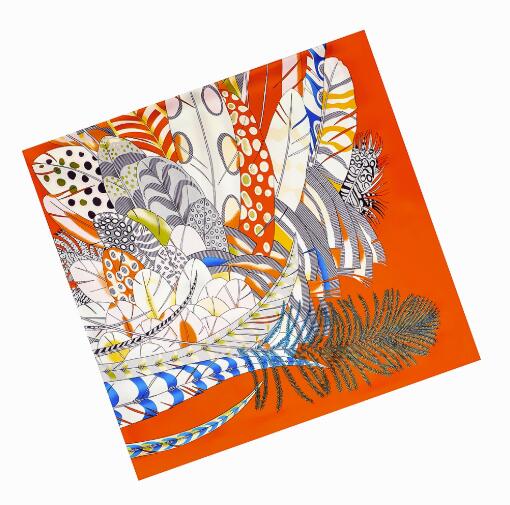 130cm Silk Square Scarf Women Large Shawls Colorful Feather Design Square Bandana Luxury Kerchief Scarf Female Foulards