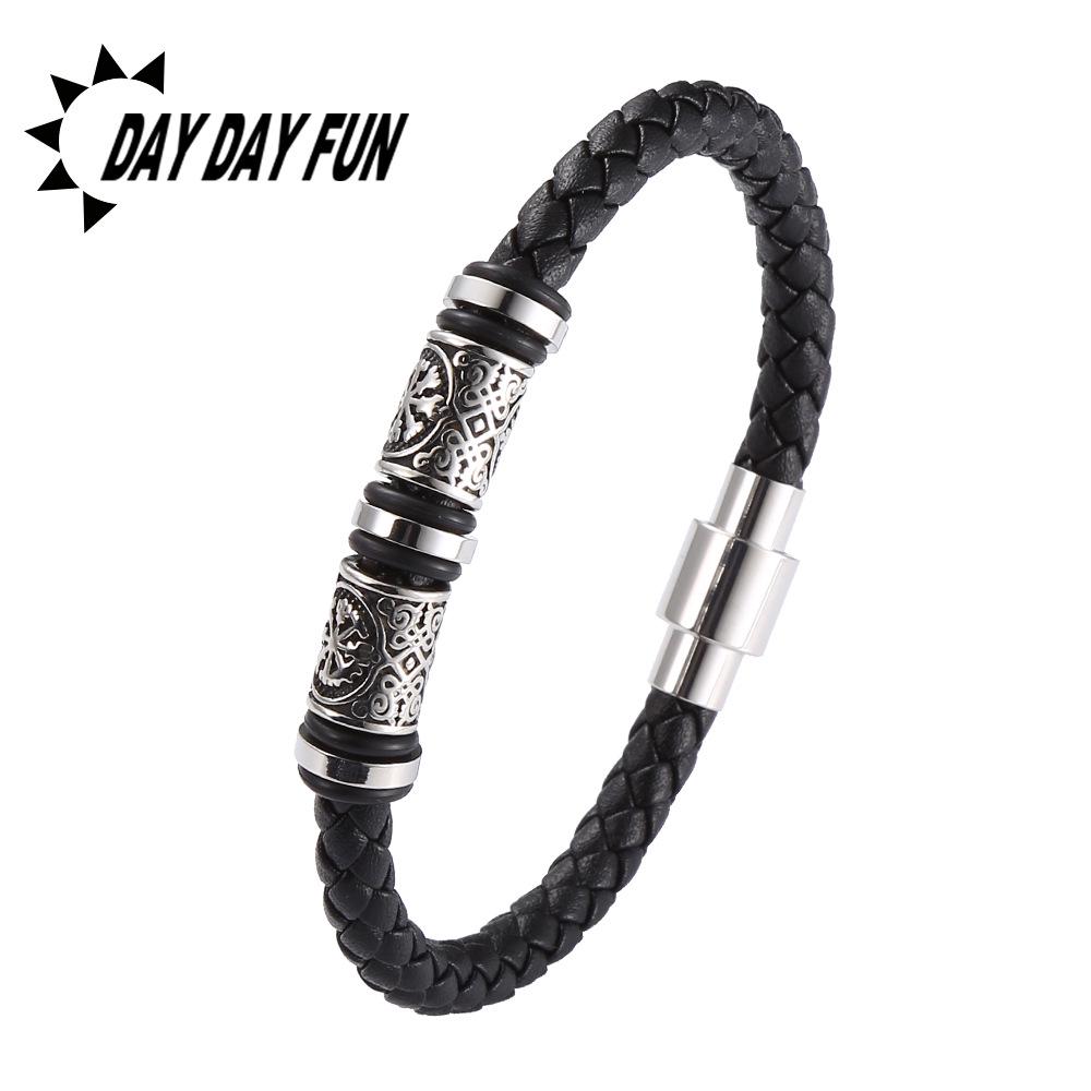 Trendy European-American Woven Leather & Stainless Steel Bracelet