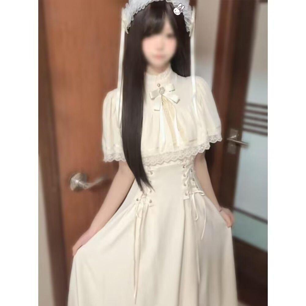 Summer new Japanese Showa white moonlight design retro temperament waist lace dress