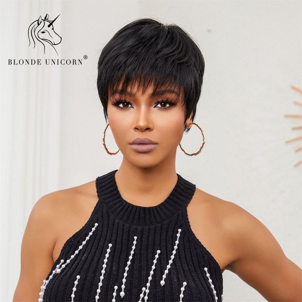 BLONDE UNICORN Blcak Wig Short Bob Wig Synthetic Natural Pixie Cut Hair Wigs Daily Party Use For Women Heat Resistant Fiber