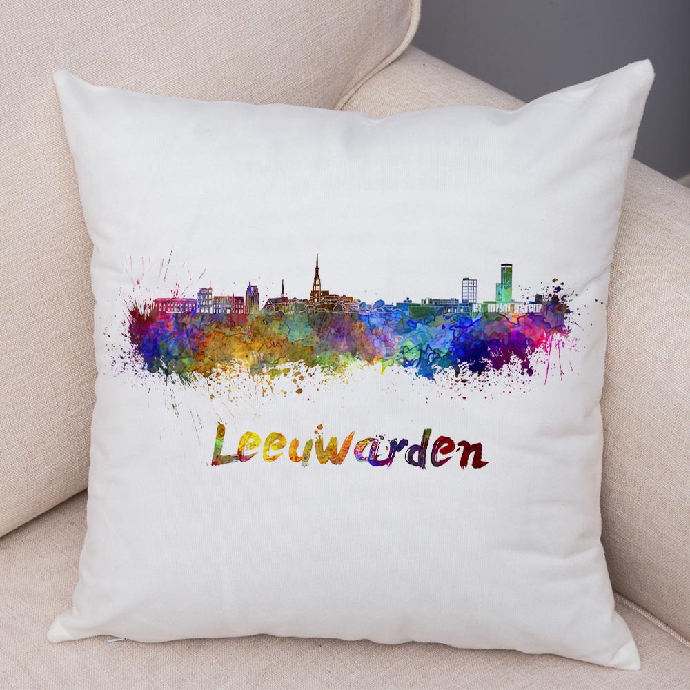 Watercolor City Skyline Cushion Cover Global Landmarks Art Print Soft Linen Living Room Bedroom Home Decor Pillow Case