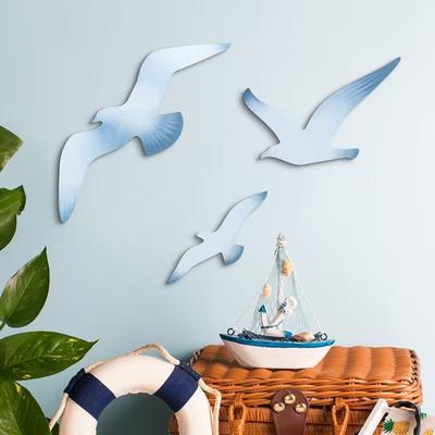 3 Pcs Seagull Wall Decor Wooden Flying Sea Birds Wall Hanging Sign Nautical Theme Beach Coastal Wall Art Vintage Ocean Sculpture for Home Bathroom