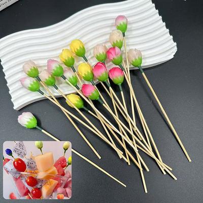 10Pcs Flower Bamboo Sticks Cake Topper Tulip Pod Cocktail Picks For Appetizers Fruit Sticks For Wedding Birthday Dessert Decor