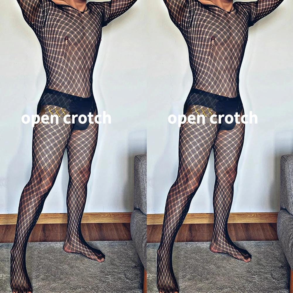 Mens Crotchless Full Bodysuit Black Beige See Through Sexy Bodystocking Lingerie Stretchy Glossy Tights Male Costume
