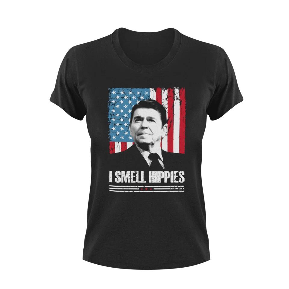 Mens I Smell Hippies T-T-shirt Ronald Reagan USA President Funny Political T T-shirt M