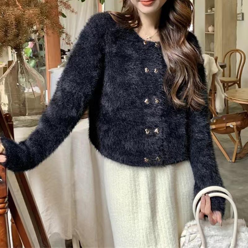 French Style Noble Mink Velvet Knit Cardigan for Women: Autumn Winter Crew Neck Solid Color Double-Breasted Sweater