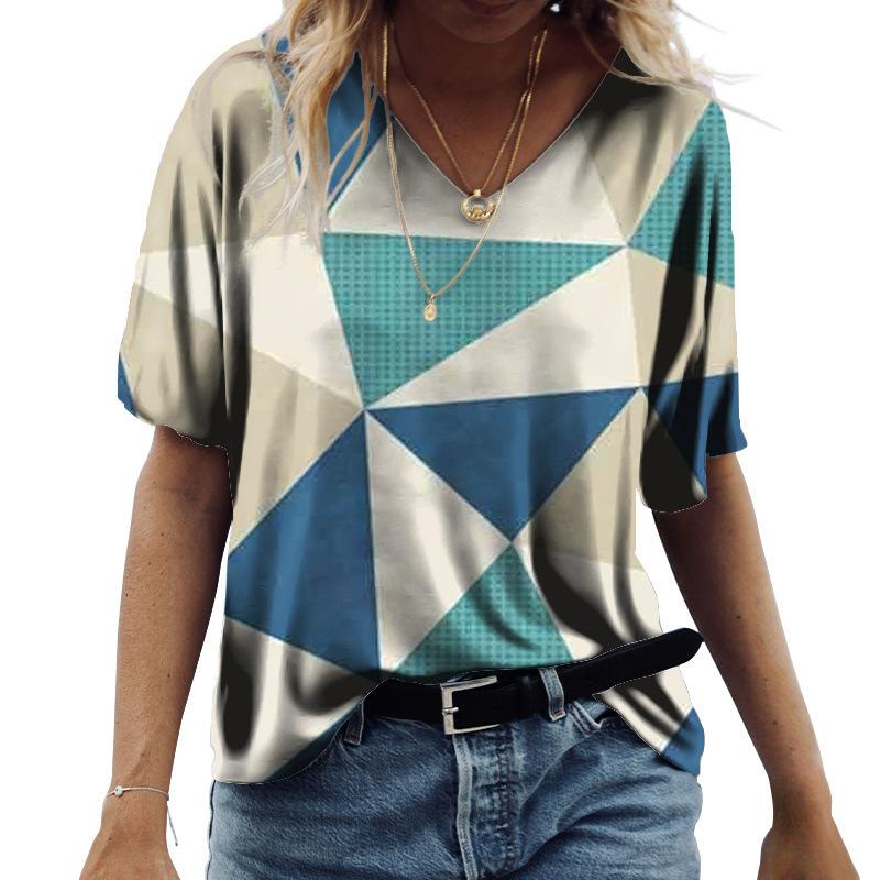 

Плюс размер 7XL Лето Короткие рукава Повседневная мода V-образный вырез Геометрический узор 3D Печатный Свободный Повседневный короткий рукав Топ Футболки женские 6XL