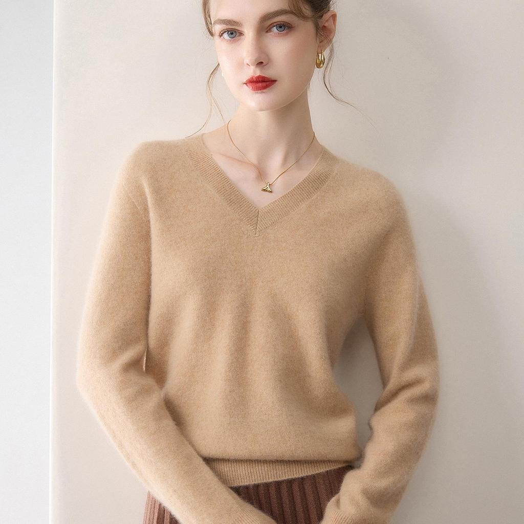 Women's 100% Cashmere V-Neck Long Sleeve Slimming Knit Pullover