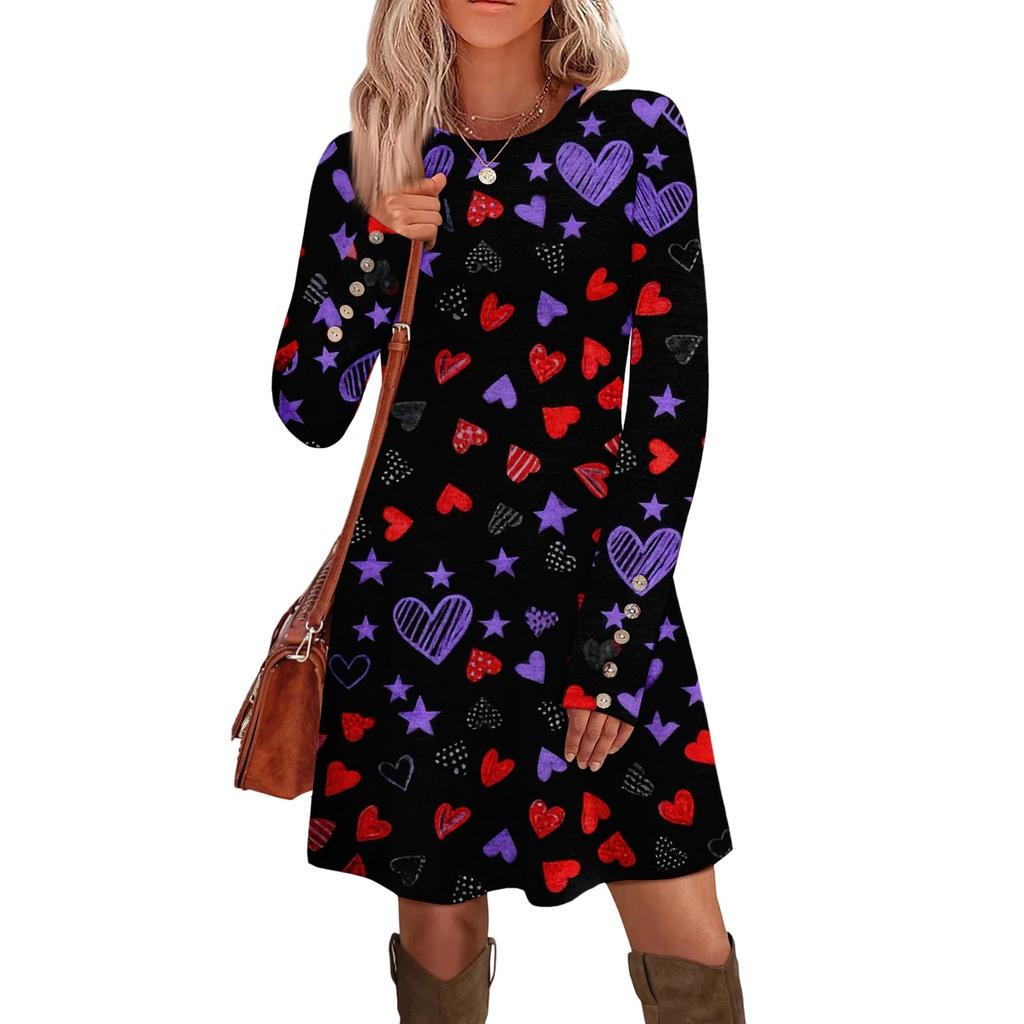 Women's fashion casual pocket decorative button dress round neck long sleeve printed dress