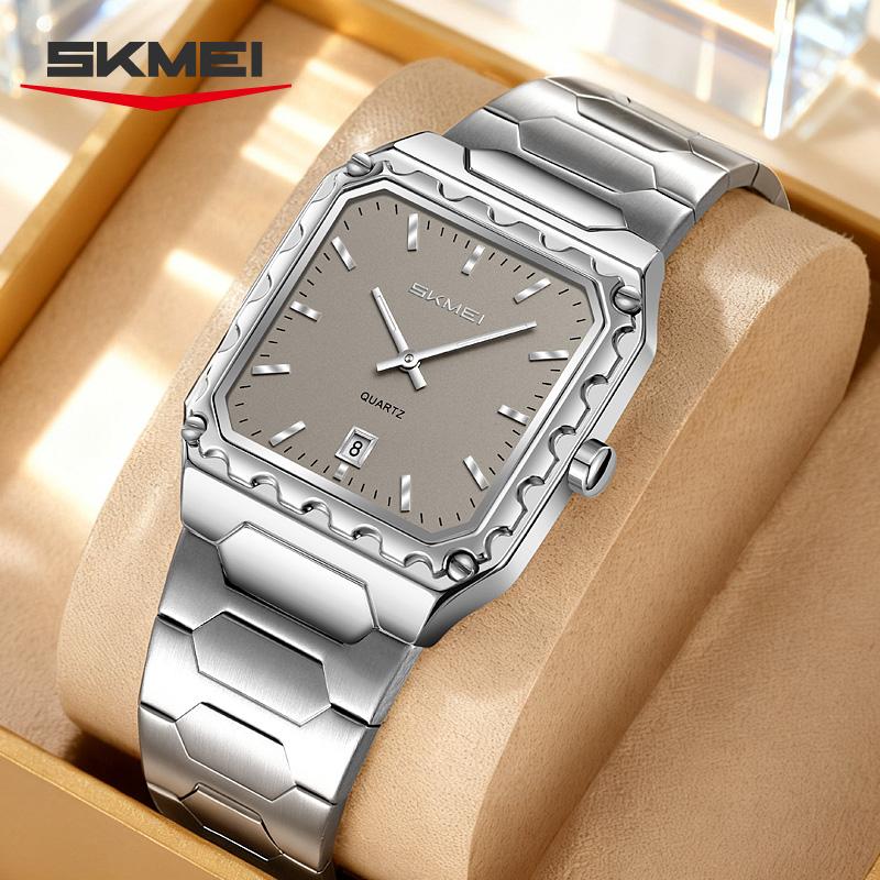 SKMEI 9383 Men's Quartz Watch for Men Stainless Steel Fashion Sports Waterproof Silver Wrist Watch Luxury New Simple Square