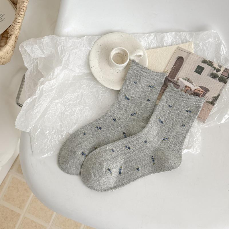 Women s Cotton Mid-Calf Socks with Bow, Spring/Summer Floral Mesh Design, Japanese Style, Breathable and Loose Fit High Quality/Cotton Socks