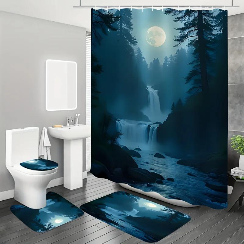4pcs Moonlight Forest Waterfall Landscape Pattern, Apartment Bathroom, Shower Room Shower Curtain, Hotel Shower Curtain Set