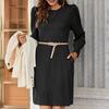 Women's Fall Crew Neck Sweater Dress Long Lantern Sleeve Short Dress Casual Knit Pullover