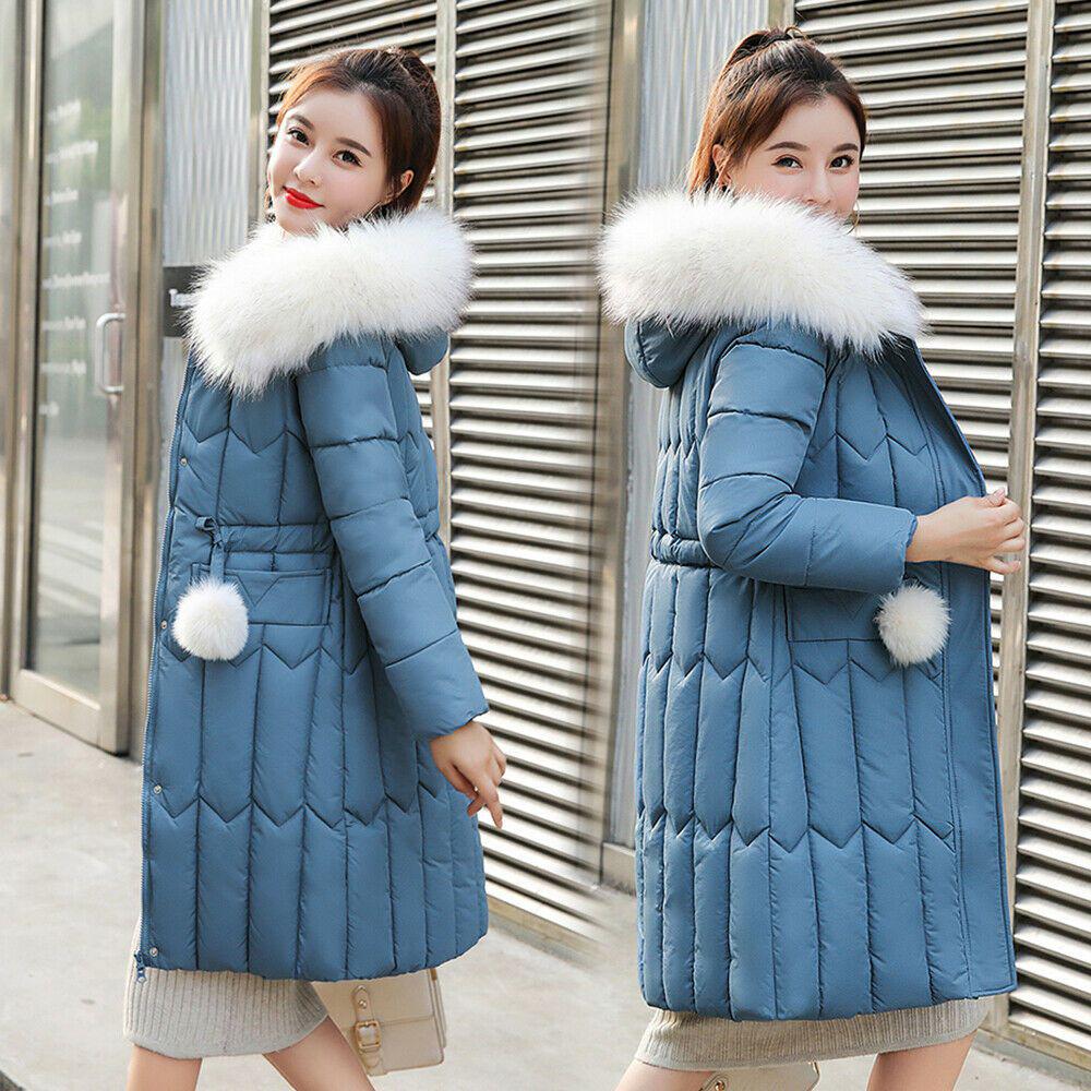 

Зимняя верхняя одежда Парка Пальто Женское Теплое Длинное Пальто Меховой Воротник Капюшон Приталенная Куртка Blue,M