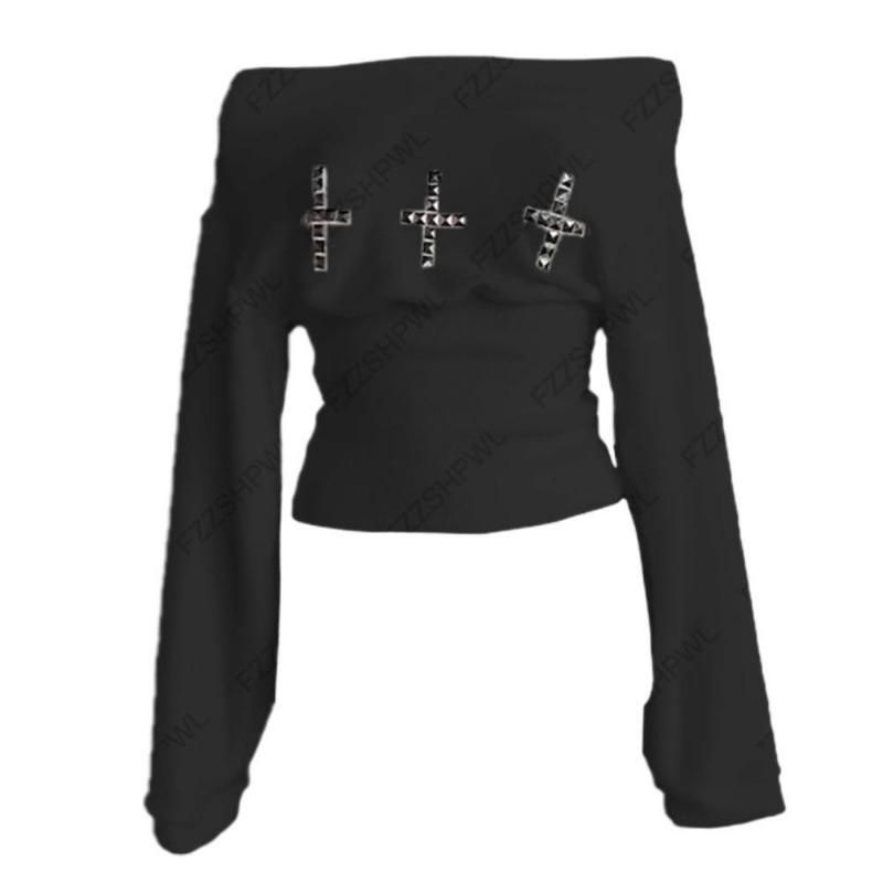 2KWEIRD Goth Aesthetic Women's Boat Neck Long Sleeve Top Sexy Slim Chic Cross Decoration Shorts Y2K Harajuku Emo Girls Streetwear Outfit