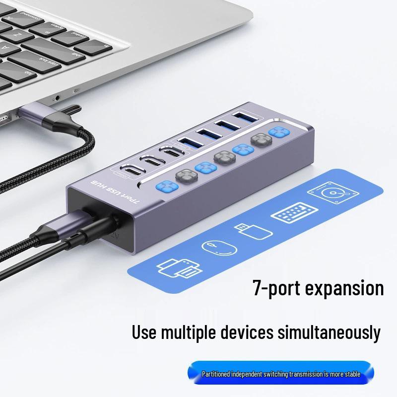 USB 3.0 7-Port Hub Splitter 10Gbps Docking Station with Independent Switches