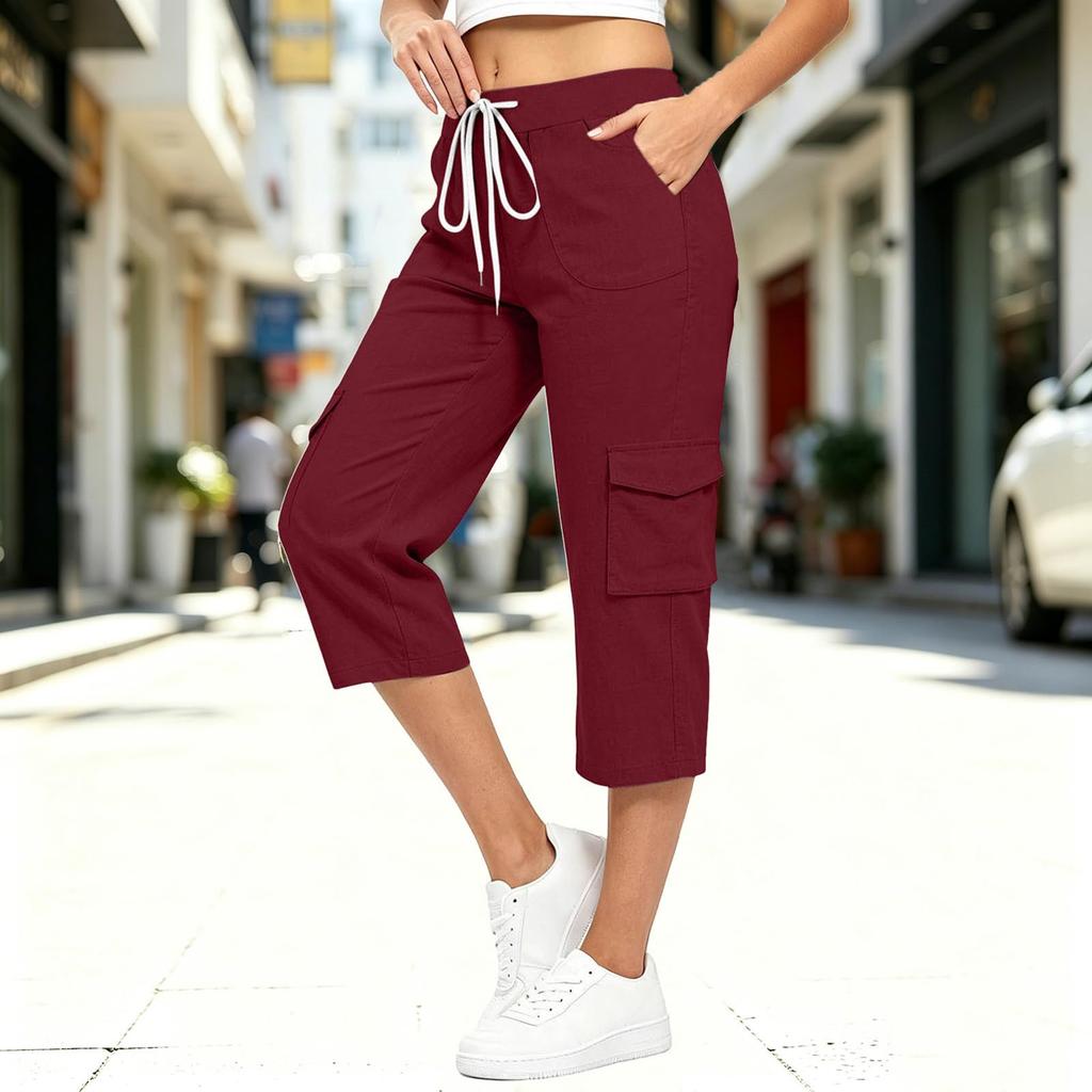 Women Casual Loose Fit Cargo Pants Mid Calf Length Drawstring Waist Elastic Band Pocket Design Comfortable Workwear