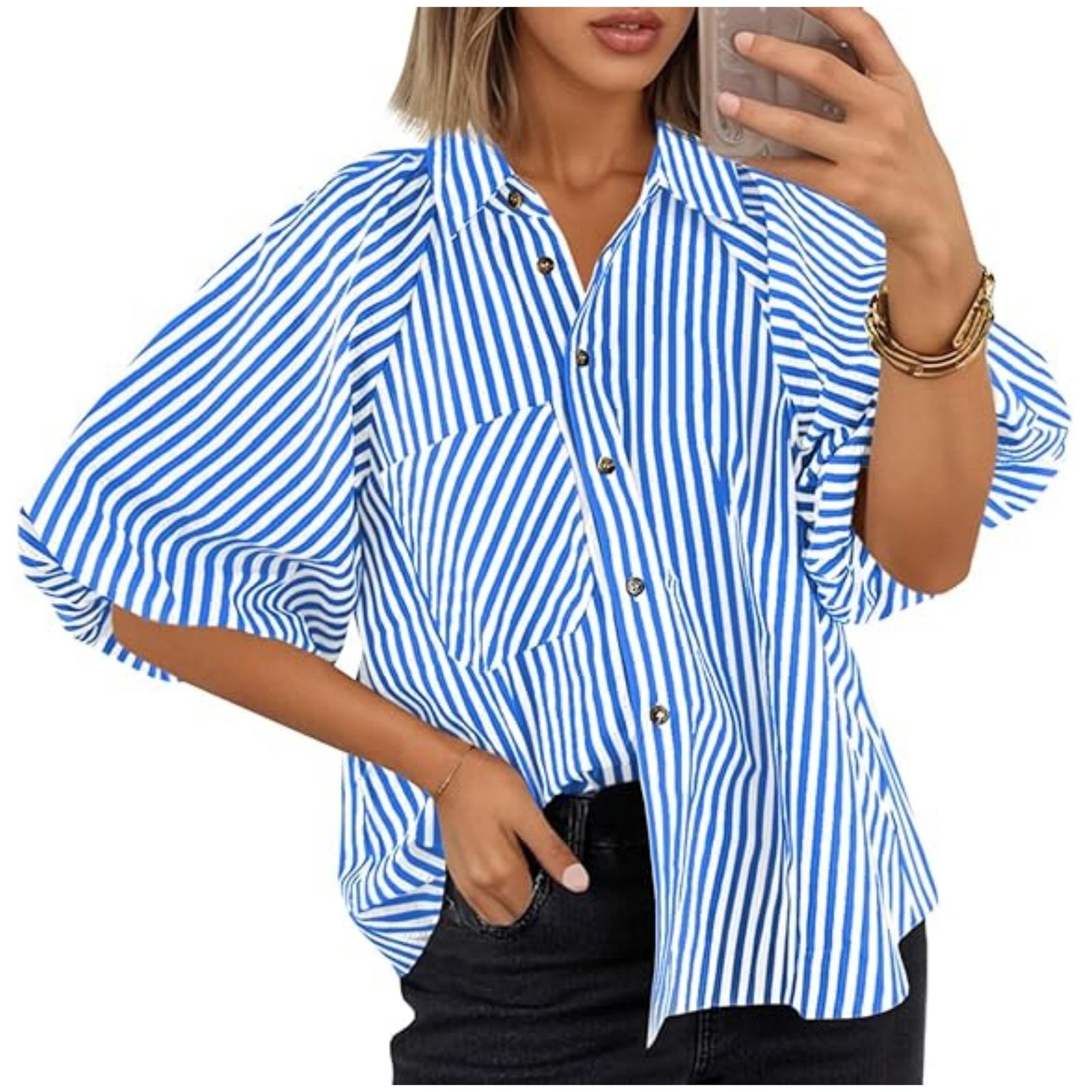 

Women s Striped Fashionable Casual Loose Shirt With A Lapel Pocket Top L