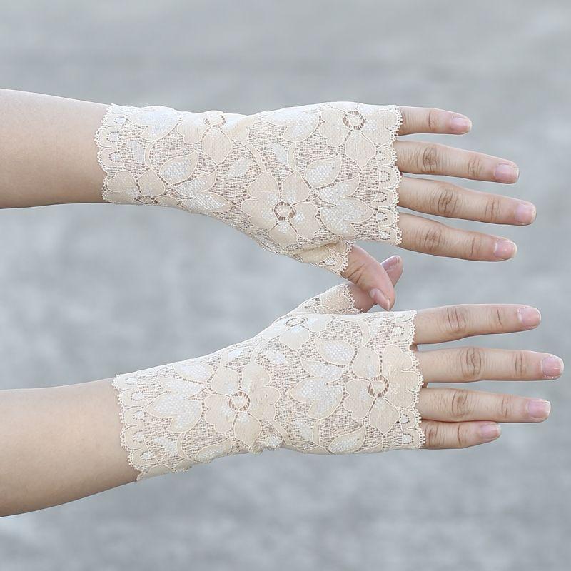 

Gloves Women Thin Lace Half Finger Short Open Finger Sun Protection Scar Cover Tattoo Playing Piano Dancing Wrist Protection Ice Silk Skin color 16cm One size