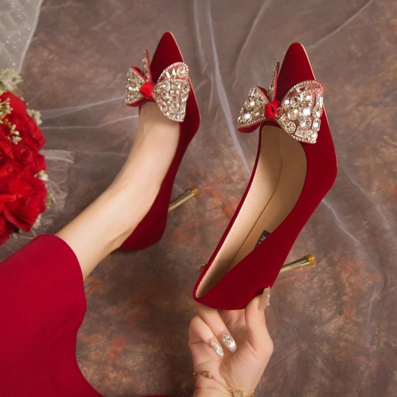 Fashion Red Bling Big Crystal Pumps Women Bowtie Flock Thin Heeled Wedding Party Shoes Woman Shiny Rhinestones High Heels Shoes