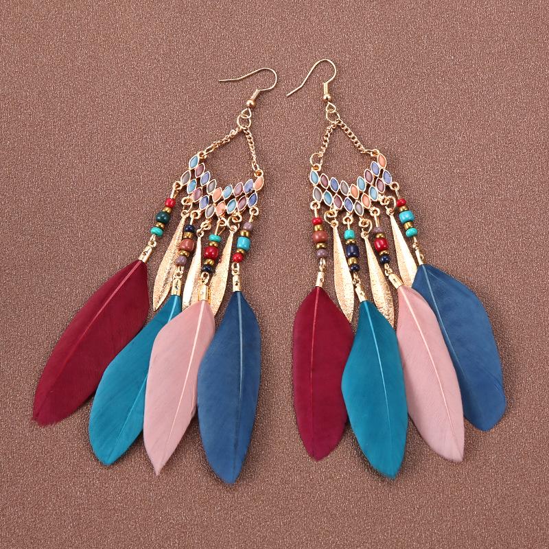 Bohemian Feather Earrings for Women, Face-Slimming Ethnic Style, Long Travel & Holiday Accessory