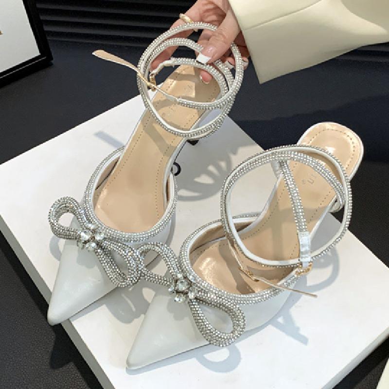 Luxury Rhinestone Bow High Heeled Sandal Women Elegant Summer Dress ankle strap Heels Shoe Sexy Pointed Toe Satin Designer Pumps