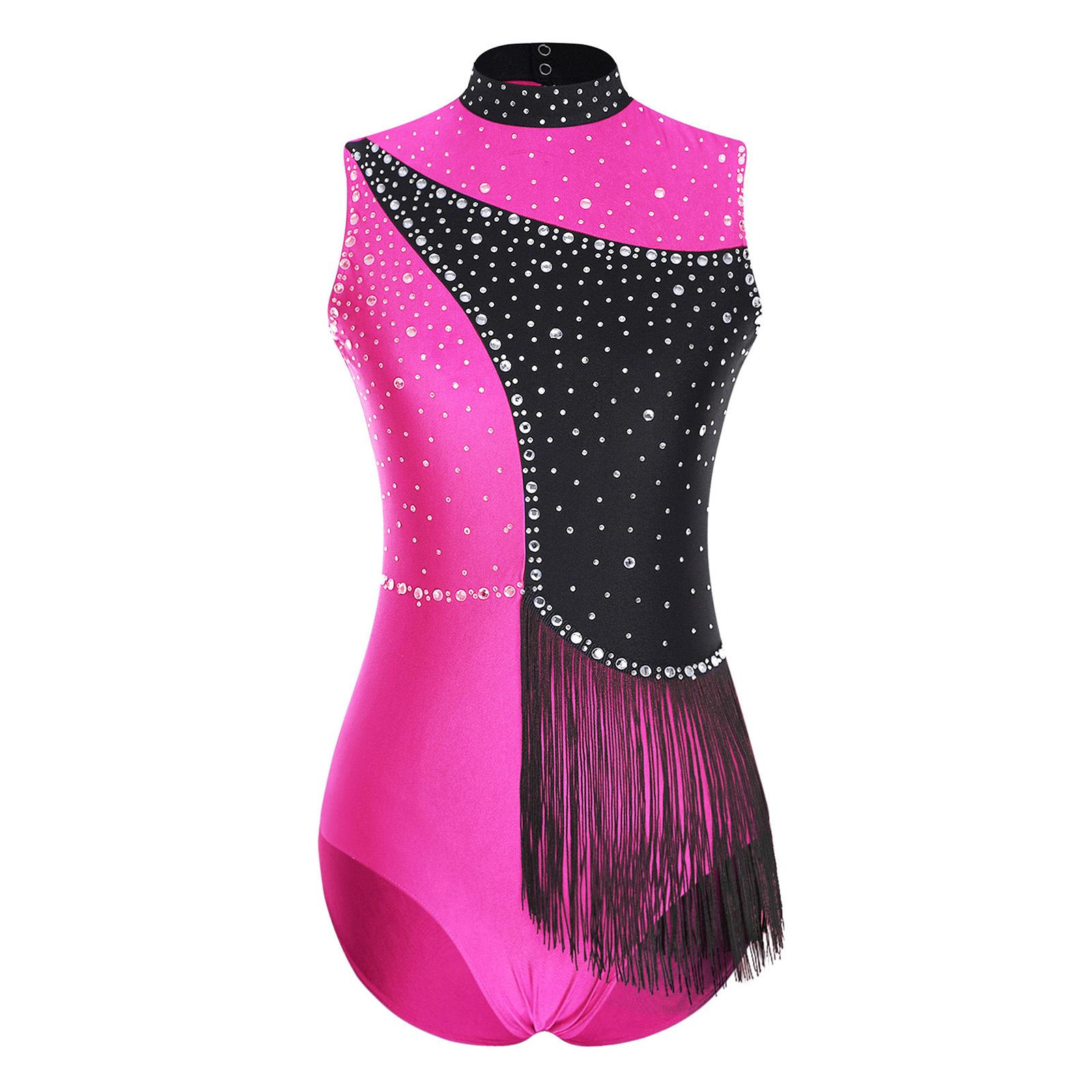 

Жіночий костюм для фігурного катання, боді, блискучі стрази, відкрита спина, бахрома на талії, кольоровий блок, леотард S