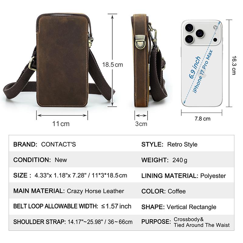 CONTACT'S Retro Genuine Leather Shoulder Bag Men Metal Push Lock Belt Clip Waist Bag Male Travel Daily Gift Crossbody Bag